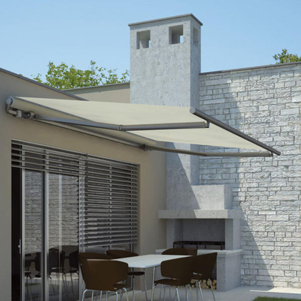 Folding arm awnings giving shade to outdoor table in Geelong.